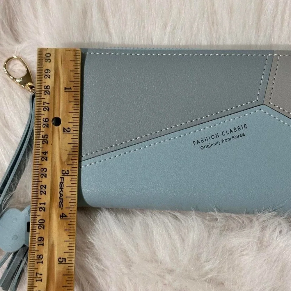 Dusty Blue Geometric Colorblock Zip-Around Wristlet Wallet